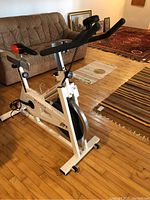 Side view of white frame, black flywheel and red-accent saddle
