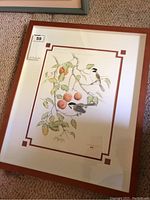 Full framed artwork view showing two chickadees, crabapple branches, and fruit.