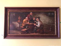 Overall view of framed painting showing four men in a tavern scene