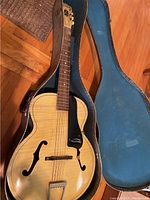 Harmony archtop acoustic guitar in open hard shell case, full instrument view