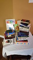 Overview photo showing two stacks of books on a table against a mustard wall. Includes visible titles and a mix of hardcover and paperback books mainly about history, language, and fiction.