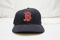 Straight front view of black baseball hat showing red and white letter B embroidered on front panel