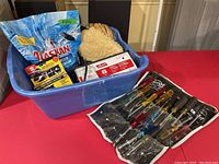 Photo of entire lot showing tub with ice melter bag, battery charger box, wash mitt, nut driver set rolled out to side