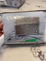 King size baby blue Egyptian cotton blanket folded inside a storage bag, showing the product label.