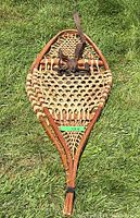 Single wooden snowshoe laid on grass showing overall condition and design.