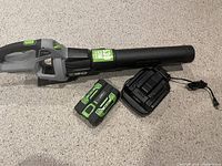 Full view of leaf blower, battery, and charger laid on carpet