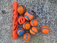 Photo of six Chuckit Ultra M balls, two Chuckit Ultra L balls, one Chuckit hollow intertwined ball, Sprenger dog chain, and Chuckit Fetch Stick.