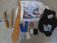 Overview of entire lot showing T-shirts, tie, grooming products, pins, glasses, hangers and patch.