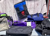 Six different duffel and carry bags displayed on a surface including a Buffalo Bills drawstring bag and purple wheeled duffel bag