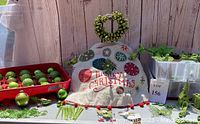 Full view showing white tree skirt with multiple colorful embroidered ornaments and red 'Merry Christmas' text. Surrounding the skirt is a small green wreath with bells, green bead ornament strands, and a red container with lime green plastic ornaments in varied designs and shapes.