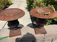 Pair of cast iron urns placed outdoors on a stone surface, showing rust and small plants growing inside.