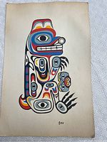 Full view of the bear design artwork on paper, showing bold colors and tribal style.