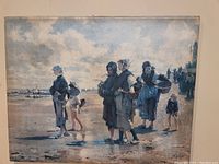 Frontal photo of the painting showing oyster gatherers on the beach with figures in period clothing under cloudy sky.