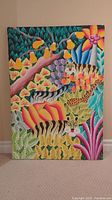 Full front view of the vibrant acrylic painting on canvas depicting tropical jungle with African animals.