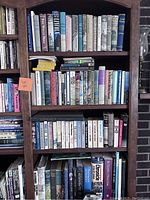 Bookshelves showing a wide variety of books arranged on dark wood shelves. The books are organized with some stacked horizontally and others upright.
