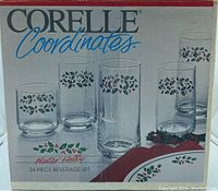 Box showing the 24 piece beverage set with each glass size illustrated on front.