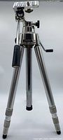 Whole tripod with legs fully extended, pan and tilt head with handle, and mounting plate visible