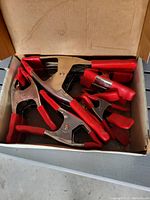 Photo showing 12 metal spring clamps with red protective grips inside the original box.