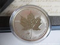 Close-up of the one ounce pure silver 5 dollar Canadian coin with maple leaf design and inscriptions including 9999 fine silver and 1 oz argent pur.