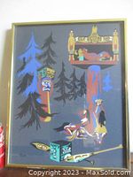 Full view of the framed acrylic painting showing Haida styled totem poles, figures, and forest scene on dark background.