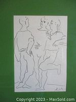 Close front view of the etching showing three dancers, green mat and gold frame