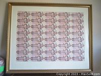 Full front view of framed uncut sheet showing arrangement and condition of frame and mat