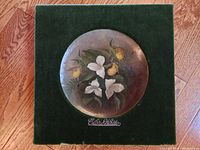 Front view of the circular hand painted floral art plate mounted on a green velvet backing. Signature Clara Waite visible on mounting.