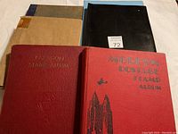 Full view of five stamp albums together, showing the front covers of 'Paragon Stamp Album' and 'Modern Postage Stamp Album' in red.