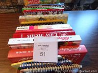 Top view of cookbooks stacked showing spines with titles such as Easy Meals, Company's Coming, and others
