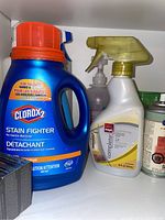 Blue Clorox Stain Fighter bottle, yellow spray bottle of Magic Complete cleaner, can of rodent repellent, and other items on shelf.