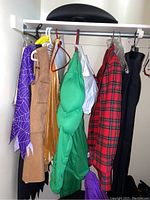 Photo of hanging costumes including a green padded costume, a red plaid jacket, brown suede skirt and vest, a spider web cape, and black pants.
