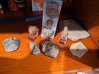 Group view of carved heads, mask fragments, relief slab and fossil slab on wooden shelf