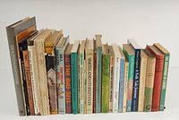 Photo showing the full lot of 27 books arranged upright, varied sizes and colors, mostly worn spines.