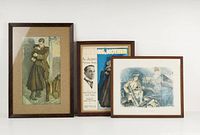 Three framed WWI related prints shown together, including a soldier embracing a woman, sheet music cover, and a seated soldier with woman print.