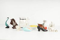 Wide view of lot showing porcelain and ceramic figurines, pitcher, and small dishes