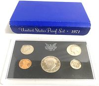 Top view of blue cardboard envelope labeled 'United States Proof Set 1971'