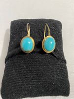 Pair of turquoise oval stone earrings mounted on black display mount, showing front view of earrings