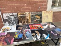 Image showing 12 vinyl record album covers arranged on a table outdoors, including Elvis Presley, Michael Jackson, Diana Ross, Supertramp, Peaches & Herb, Chicago, and others.
