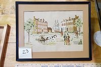 Framed oil painting showing a harbor town street scene with buildings, people, horse cart, and ship in background.