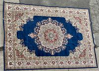 Full view of the Persian style area rug laid flat on concrete