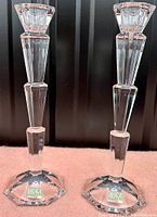 Pair of tall clear crystal candlesticks with octagonal base showing Mikasa Germany labels