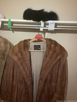 Front view of brown mink coat hanging on hanger, showing shawl collar and coat length.