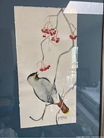 Close-up photo showing detailed watercolor painting of a gray bird on a branch with red berries and the artist's signature.