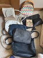 All women's bags arranged on carpet showing variety and size
