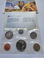 Front side of the 1986 Canadian coin set packaging showing six coins sealed in a transparent blister with Royal Canadian Mint branding and images of Canadian landmarks.