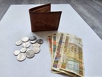 Overview of the brown wallet, coins, and paper bills laid on a white surface.