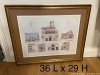 Frontal view of the framed lithograph depicting buildings of American University of Beirut with measurements visible.