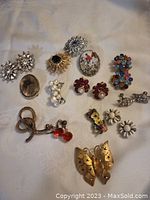 Lot of various designer costume pins and earrings including butterfly-shaped pin, floral cluster earrings, starburst pins, and multi-colored rhinestone cluster pin.