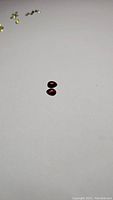 Two pear-shaped cherry red garnet gemstones placed inside a container, showing matching color and clarity.