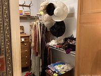 View of closet showing black mink jacket and several other hanging garments including dresses, hats on top shelf and more clothing items below